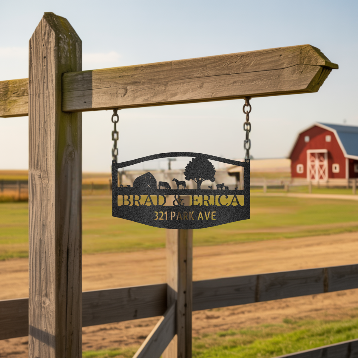 Wooden sign with 'Brade & Brice' branding in a rural setting with a barn.