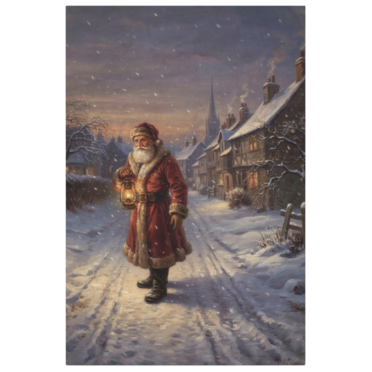 A festive winter village scene painting showing Santa Claus walking through snow-covered streets at dusk, holding a glowing lantern. Houses, snow, and falling snow are visible, with Santa dressed in his traditional red coat and Santa hat.