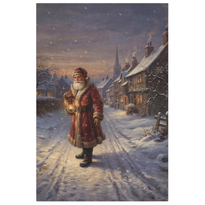 A festive winter village scene painting showing Santa Claus walking through snow-covered streets at dusk, holding a glowing lantern. Houses, snow, and falling snow are visible, with Santa dressed in his traditional red coat and Santa hat.