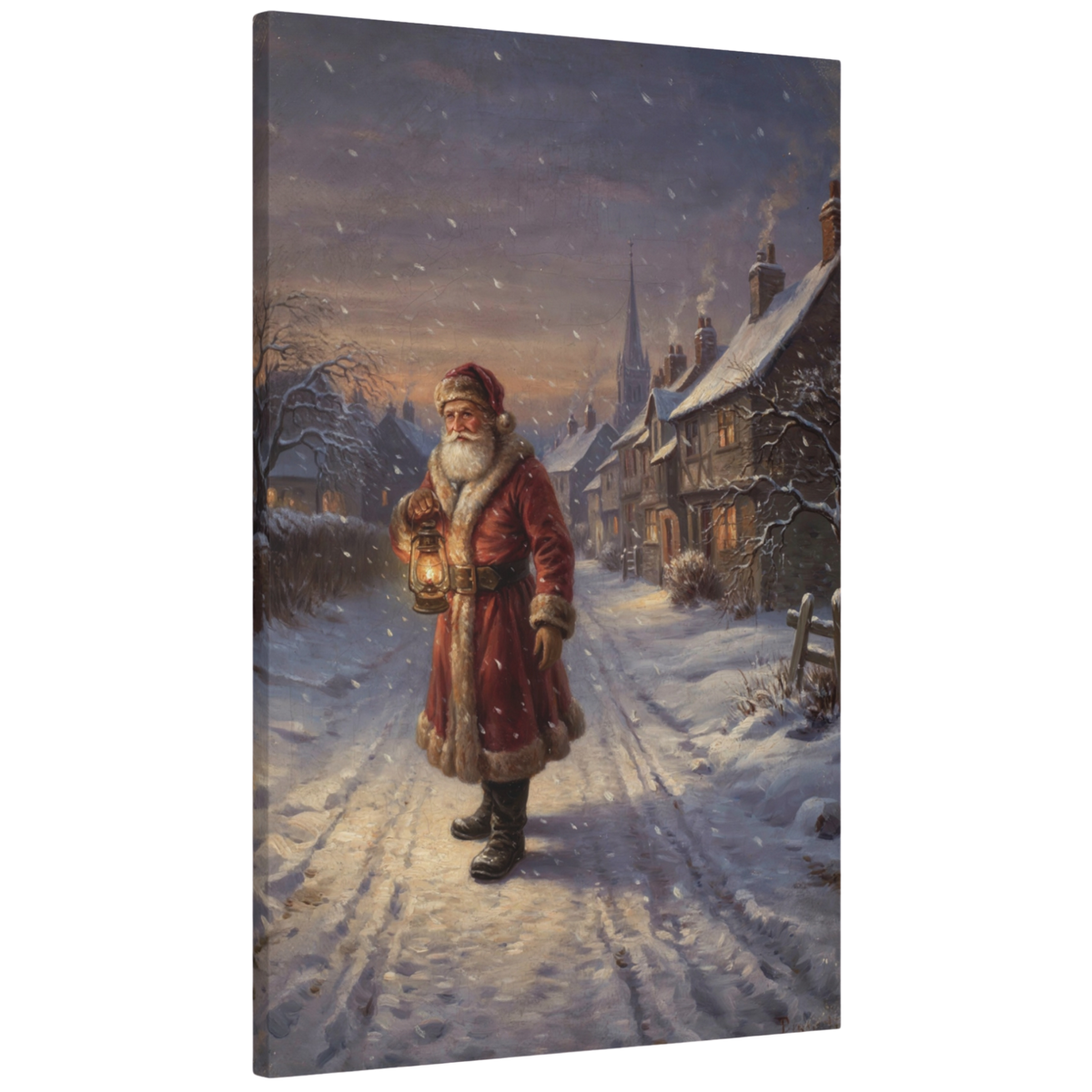 Old-World Santa in a Snowy Village Canvas Wall Art