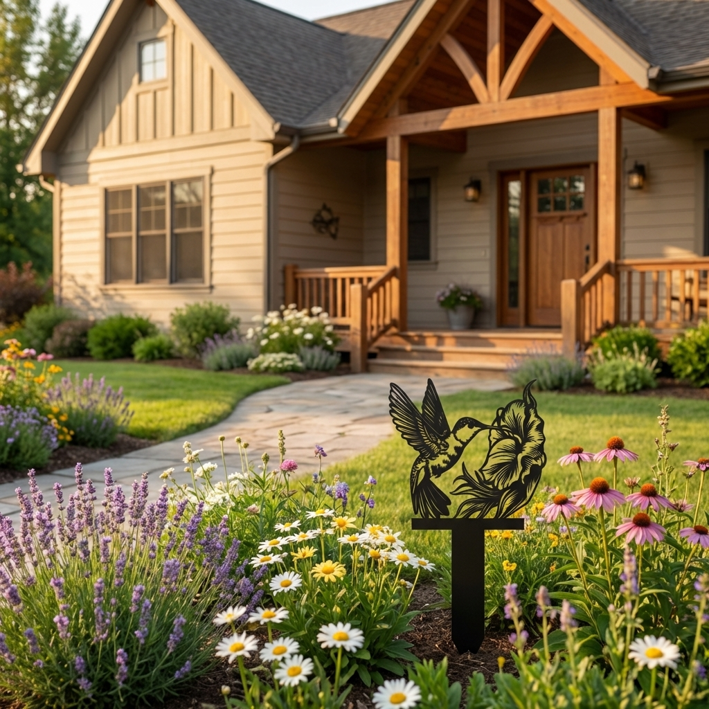 Decorative metal bird sculpture in a garden with a house in the background