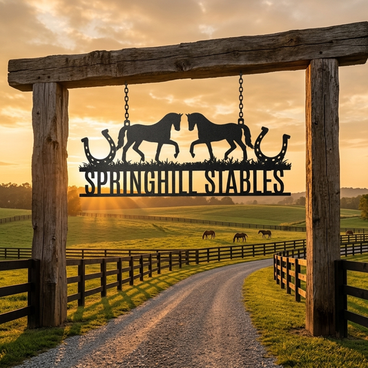 Wooden entrance to Springhill Stables with silhouettes of horses and horseshoes against a sunset sky.