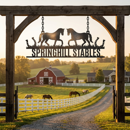 Springhill Stables with horses and a red barn in the background