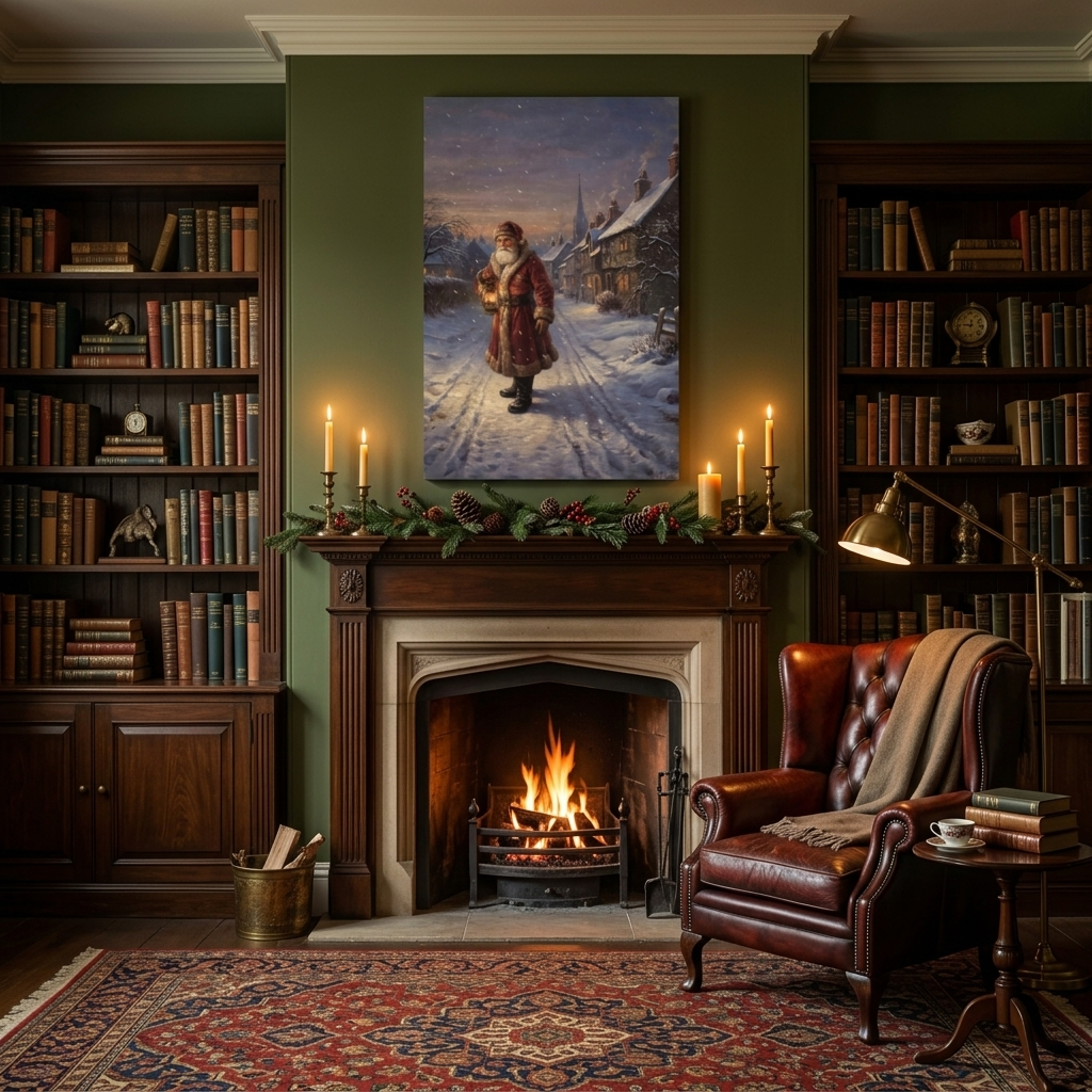 Old-World Santa in a Snowy Village Canvas Wall Art